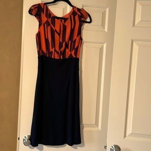 Navy and coral crepe midi dress